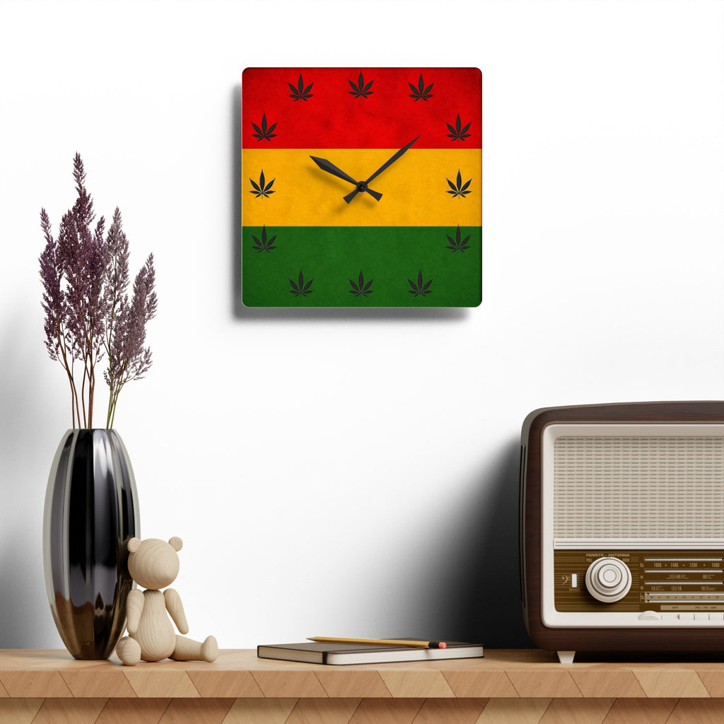 Rasta Cannabis Acrylic Wall Clock — Red Yellow Green Leaf Decor