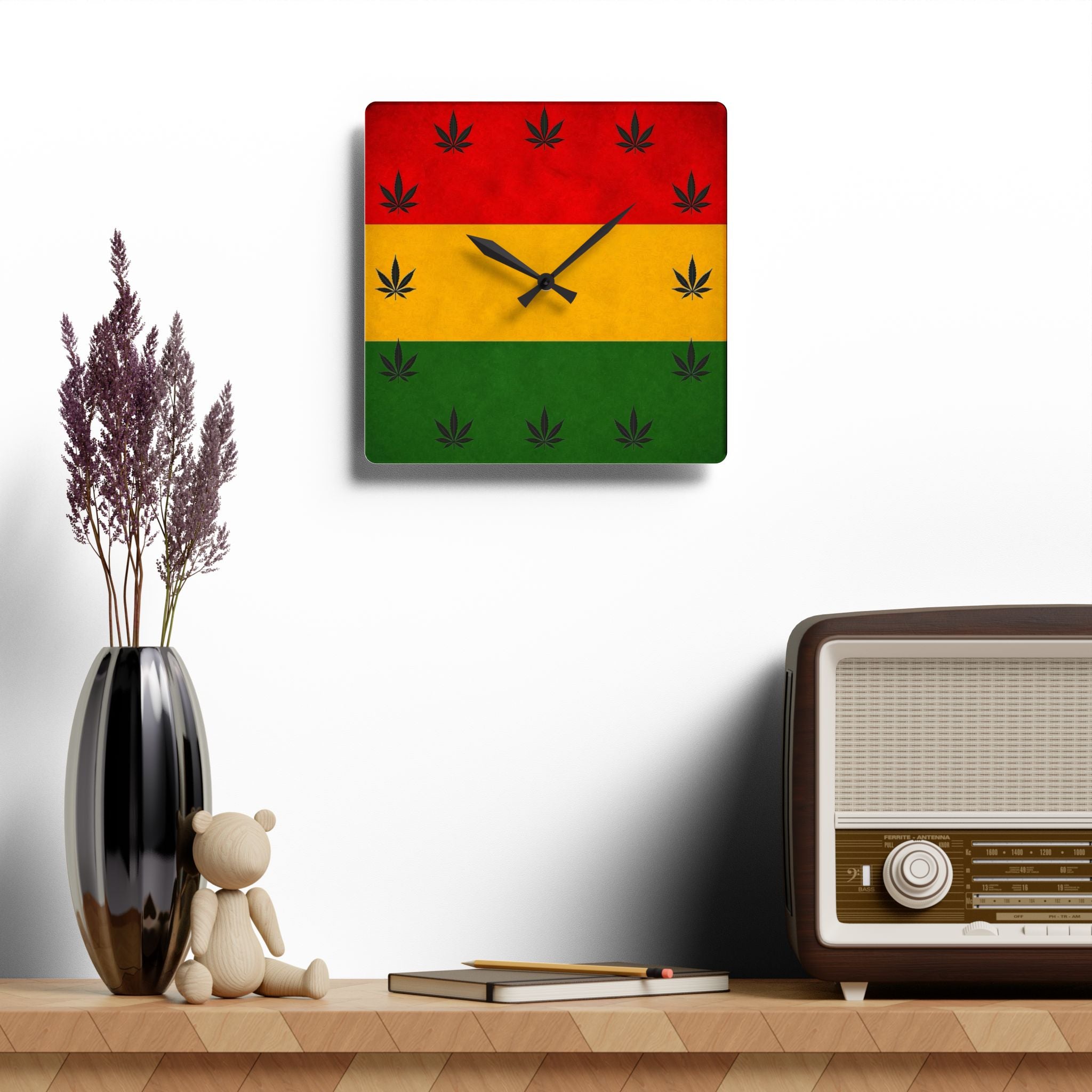 Rasta Cannabis Acrylic Wall Clock — Red Yellow Green Leaf Decor
