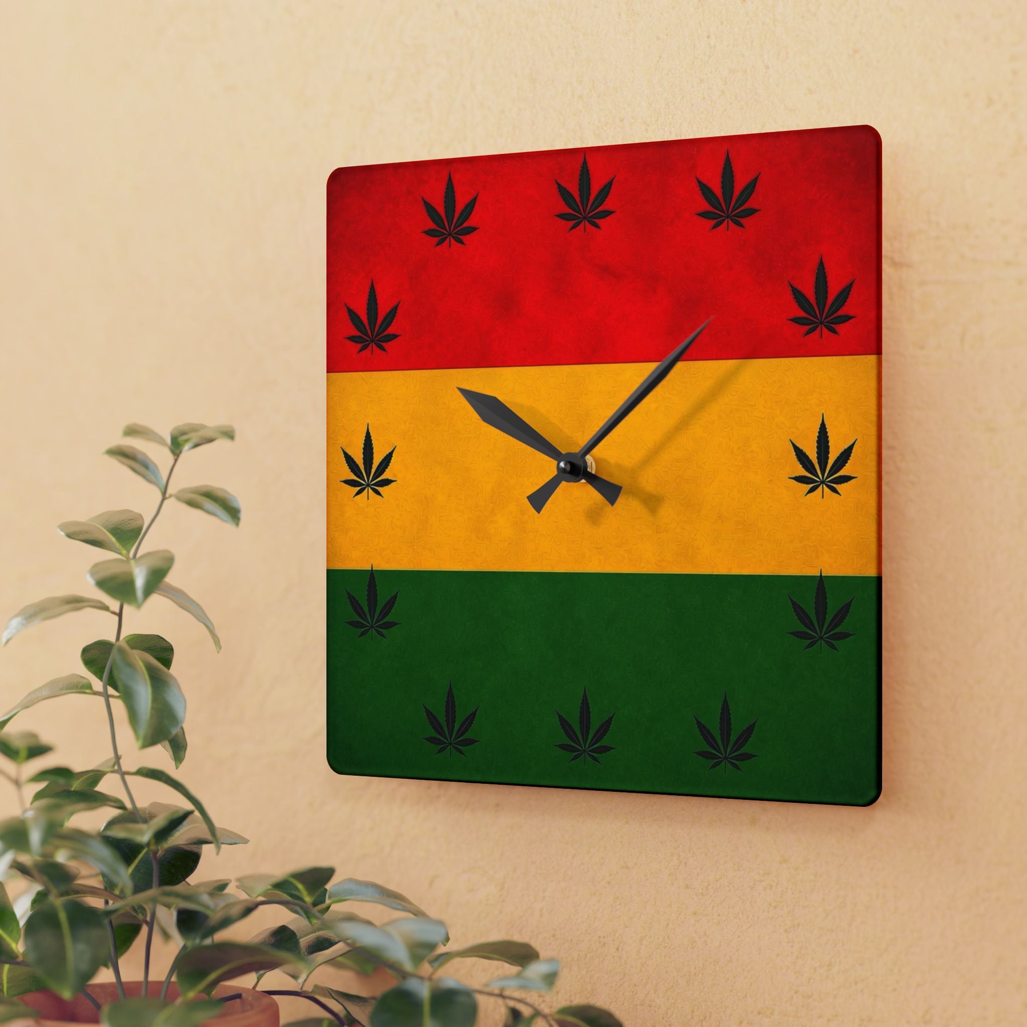 Rasta Cannabis Acrylic Wall Clock — Red Yellow Green Leaf Decor